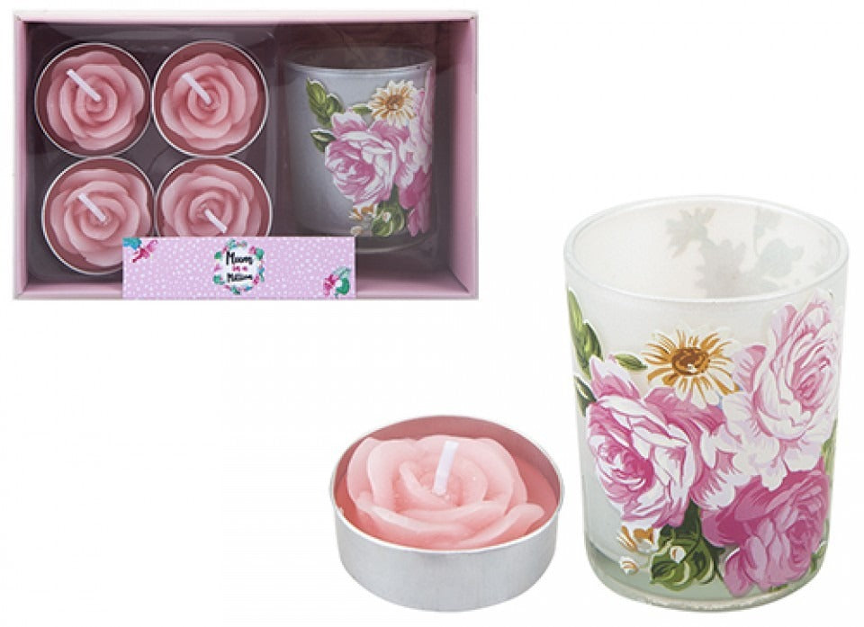 Floral Votive &amp; Pink Rose Candle Set