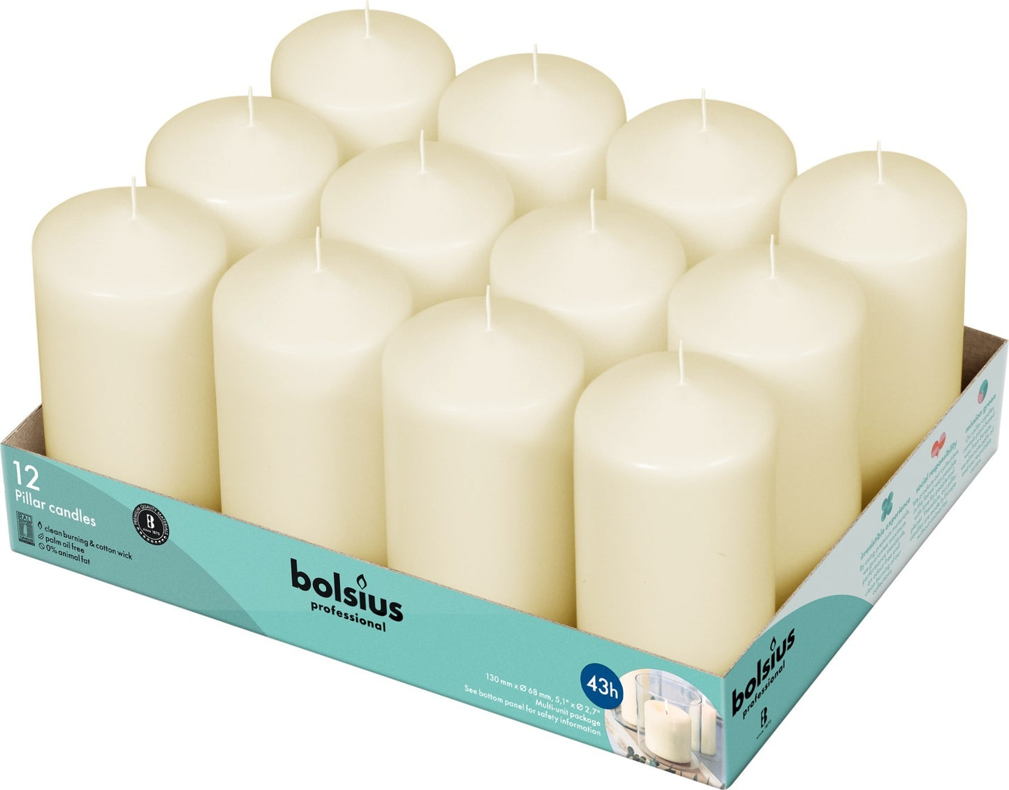 12 Bolsius Professional Pillar Candles - Ivory  (128/68mm)