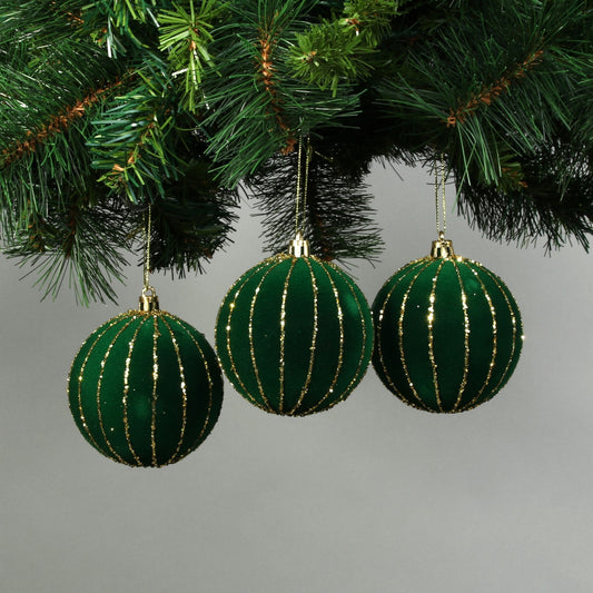 8cm Green Velvet Baubles with Glitter Trim (Set of 6)