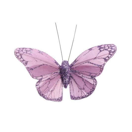 8cm Lavender Feather &amp; Glitter Butterfly (Pack of 12)