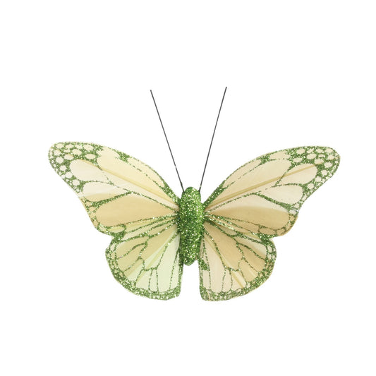 8cm Green Feather &amp; Glitter Butterfly (Pack of 12)