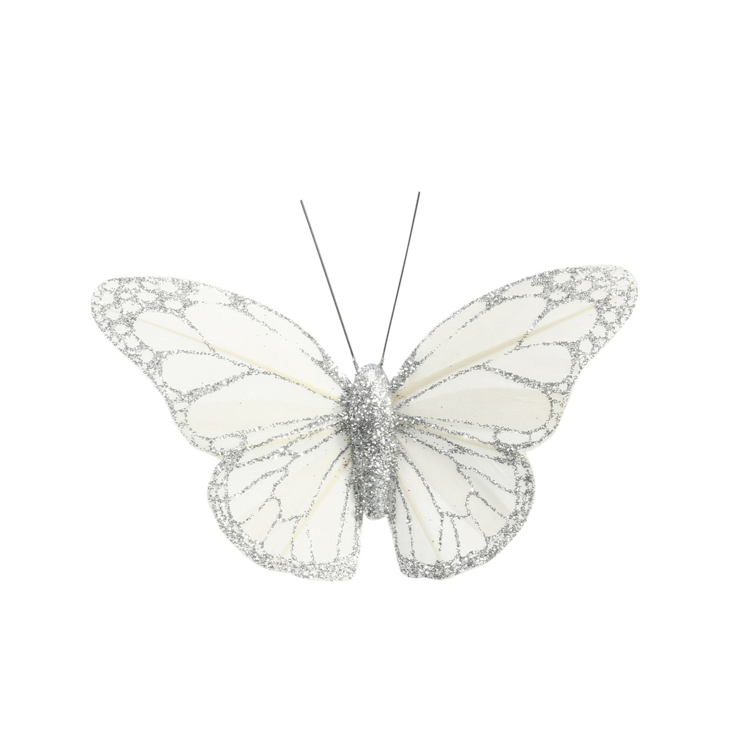 8cm White/Silver Feather &amp; Glitter Butterfly (Pack of 12)