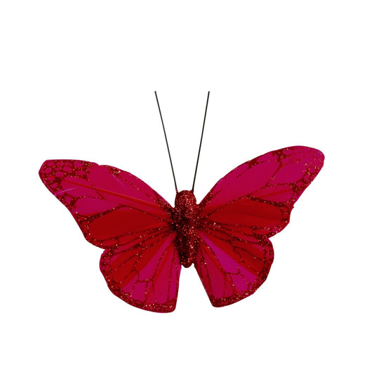 8cm Red Feather &amp; Glitter Butterfly (Pack of 12)