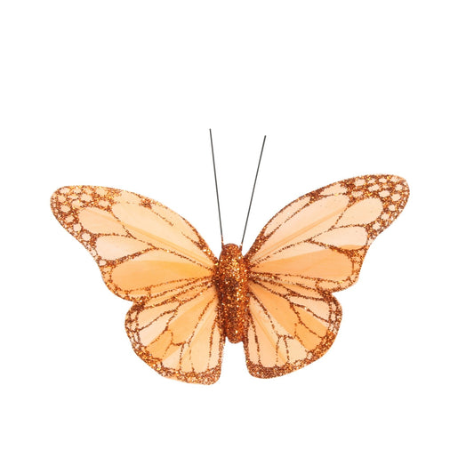 8cm Orange Feather &amp; Glitter Butterfly  (Pack of 12)