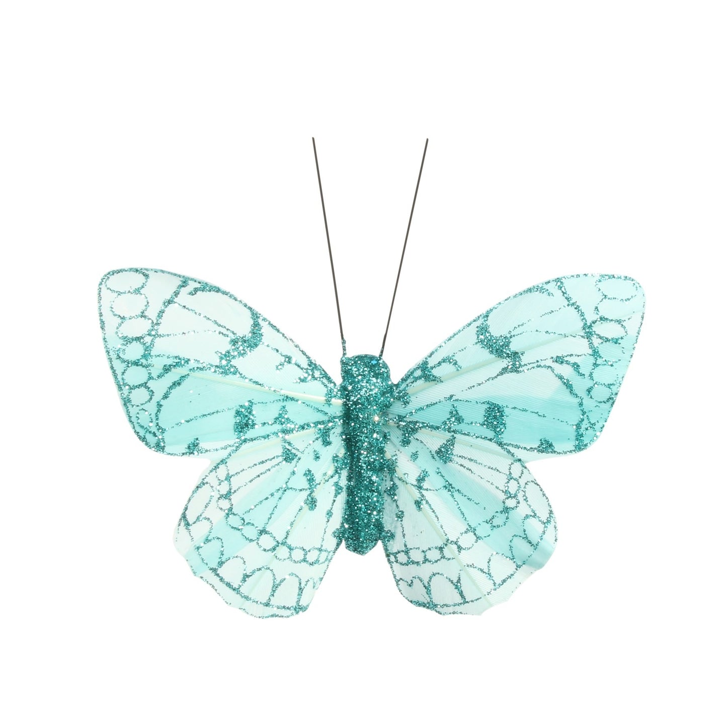 8cm Turquoise Feather &amp; Glitter Butterfly (Pack of 12)