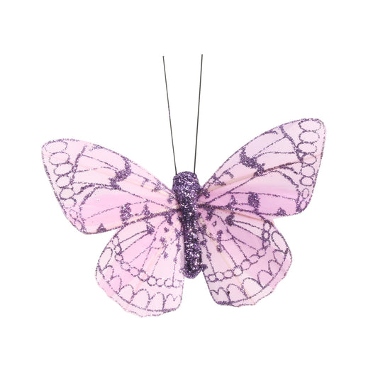 8cm Lilac Feather &amp; Glitter Butterfly (Pack of 12)