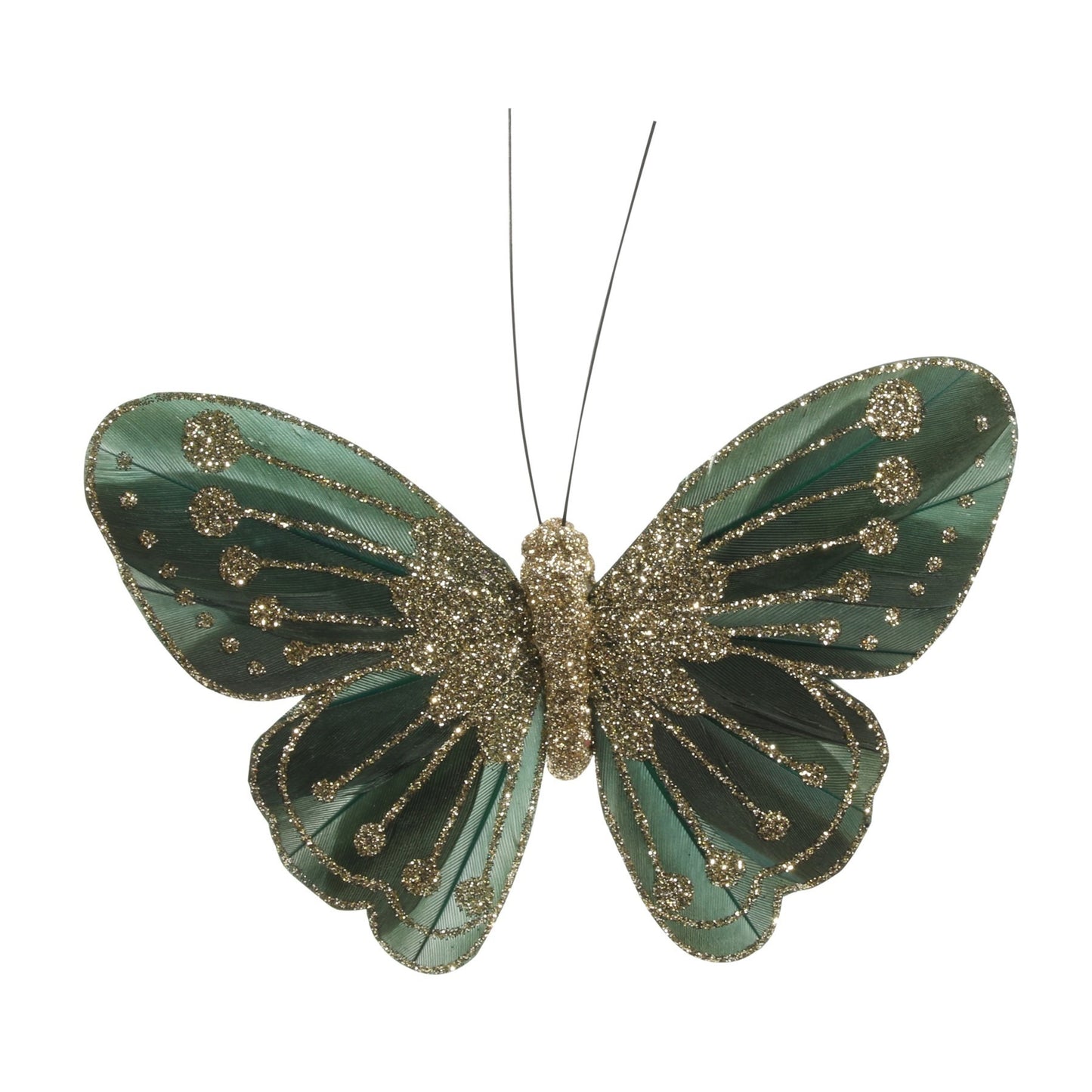 11.5cm Forest Green Feather &amp; Glitter Butterfly (Pack of 12)