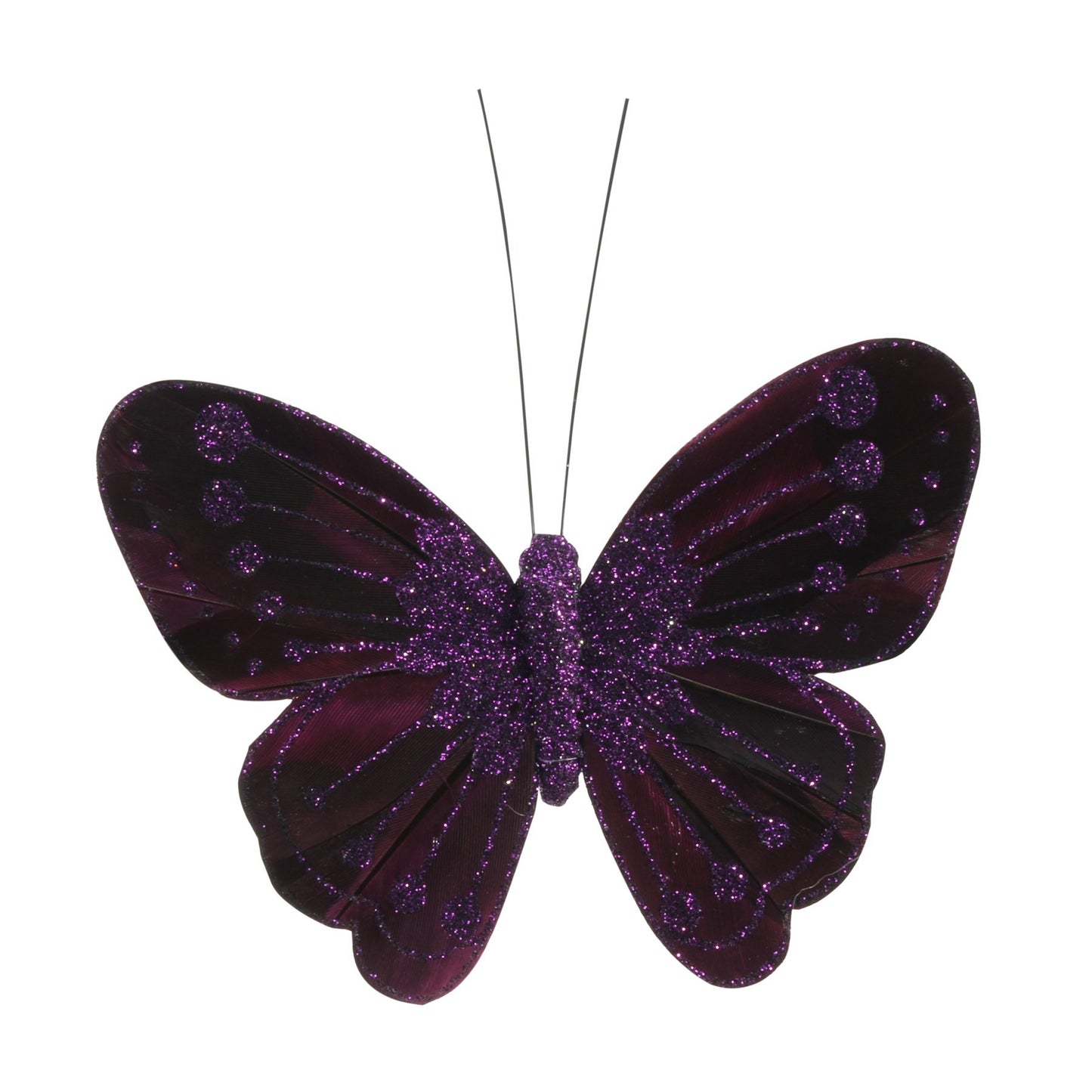 11.5cm Dark Purple Feather &amp; Glitter Butterfly (Pack of 12)