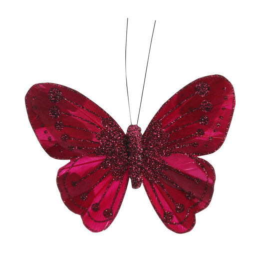 11.5cm Burgundy Feather &amp; Glitter Butterfly (Pack of 12)