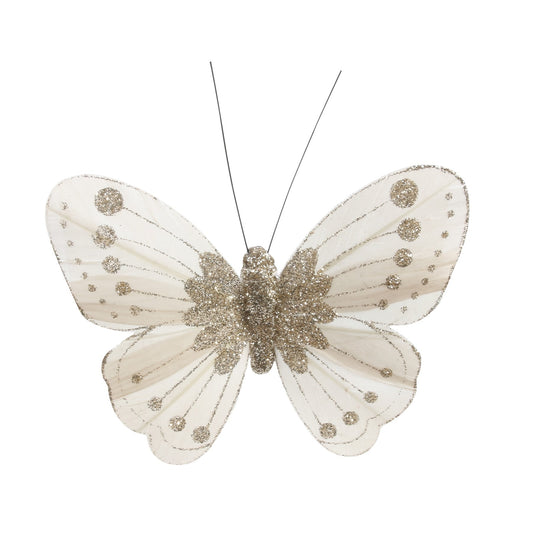 11.5cm Ivory/Gold Feather &amp; Glitter Butterfly (Pack of 12)