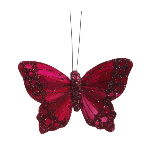 9cm Burgundy Feather &amp; Glitter Butterfly (Pack of 12)