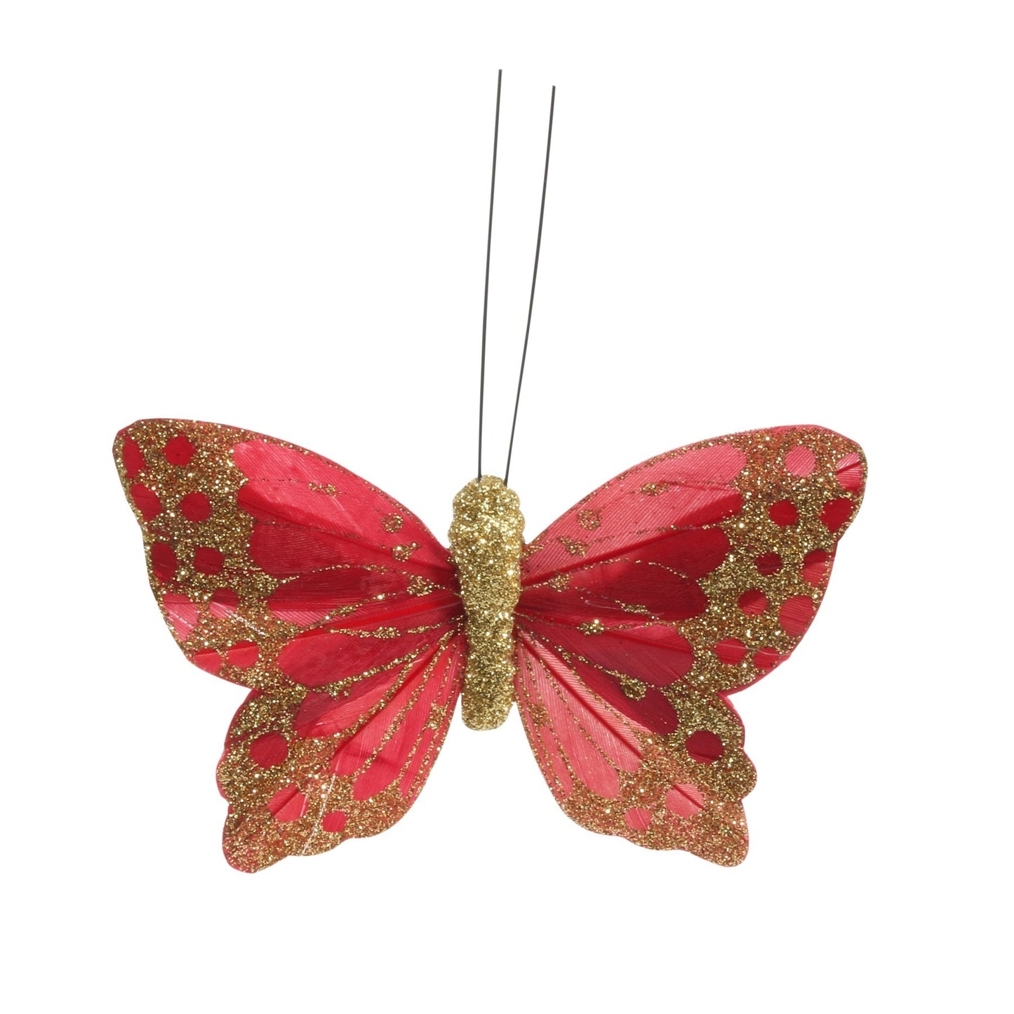 9cm Red/Gold Feather &amp; Glitter Butterfly (Pack of 12)