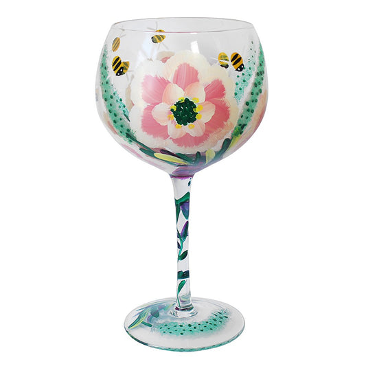 Peonies &amp; Bees Hand Painted Gin Glass