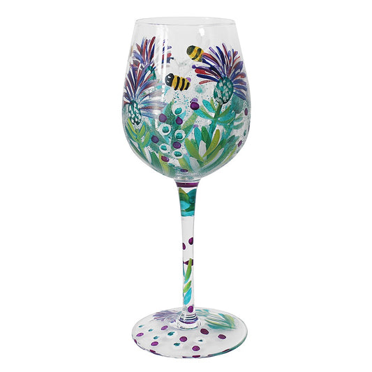 Thistles &amp; Bees Hand Painted Wine Glass