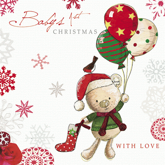 Teddy with balloons - Baby's 1st Christmas greetings card